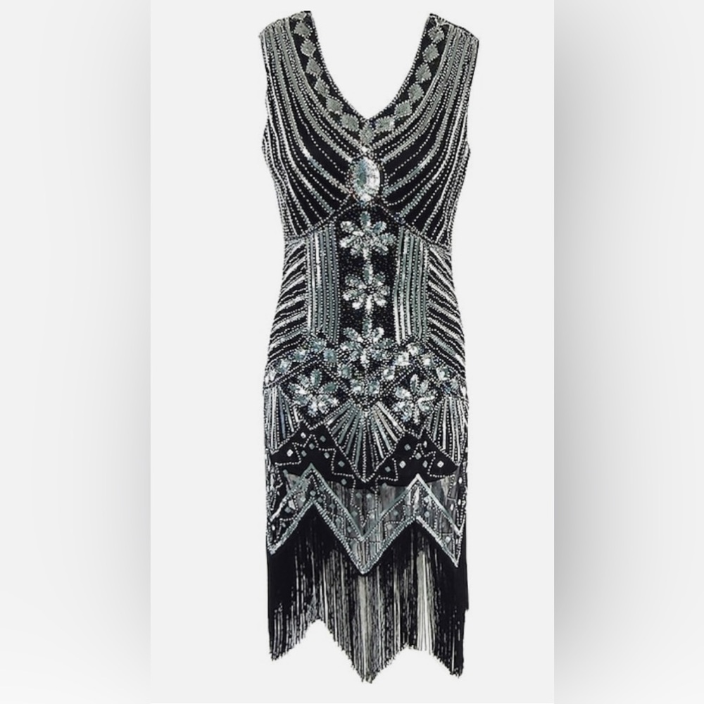 Spirit Women’s Black Silver Sequins V Neck Sleeveless Party Dress Sz‎ L